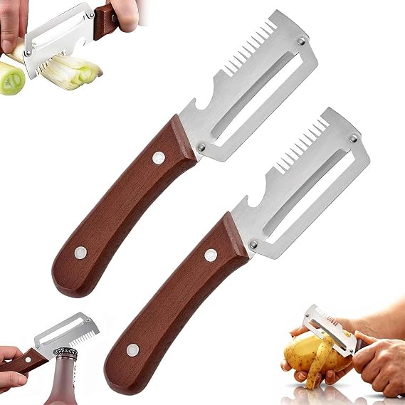 3-in-1 Multifunctional Vegetable Peeler, Wooden Handle Vegetable Peeler and Scallion Slicer Knife, with Wooden Handle and Bottle Opener,for Fruit Veggie(A)