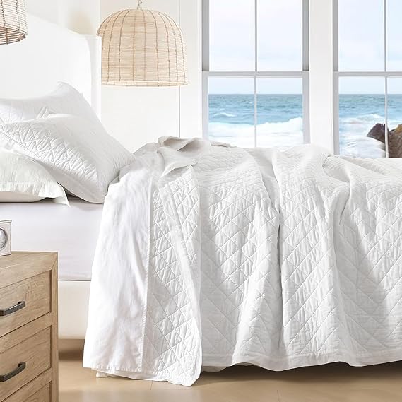 SahSahCasa Quilt Set Queen Size, 100% Cotton Quilt Bedding Set Bedspread, Diamond Pattern Stitching Solid Color Chic Lightweight Quilted Comforter for Queen Bed, White, All Season, 3 Pieces