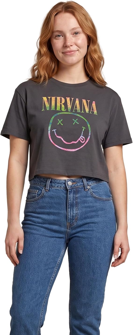 Nirvana Rainbow Logo Womens Grey Cropped Short Sleeved T-Shirt