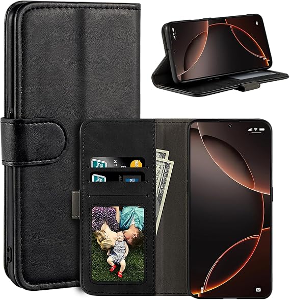 Leather Flip Case for Xteink X4 - Black | 4.3" Folio Wallet Case with Card Slots, Magnetic Closure, Stand Function and RFID RFID Blocking