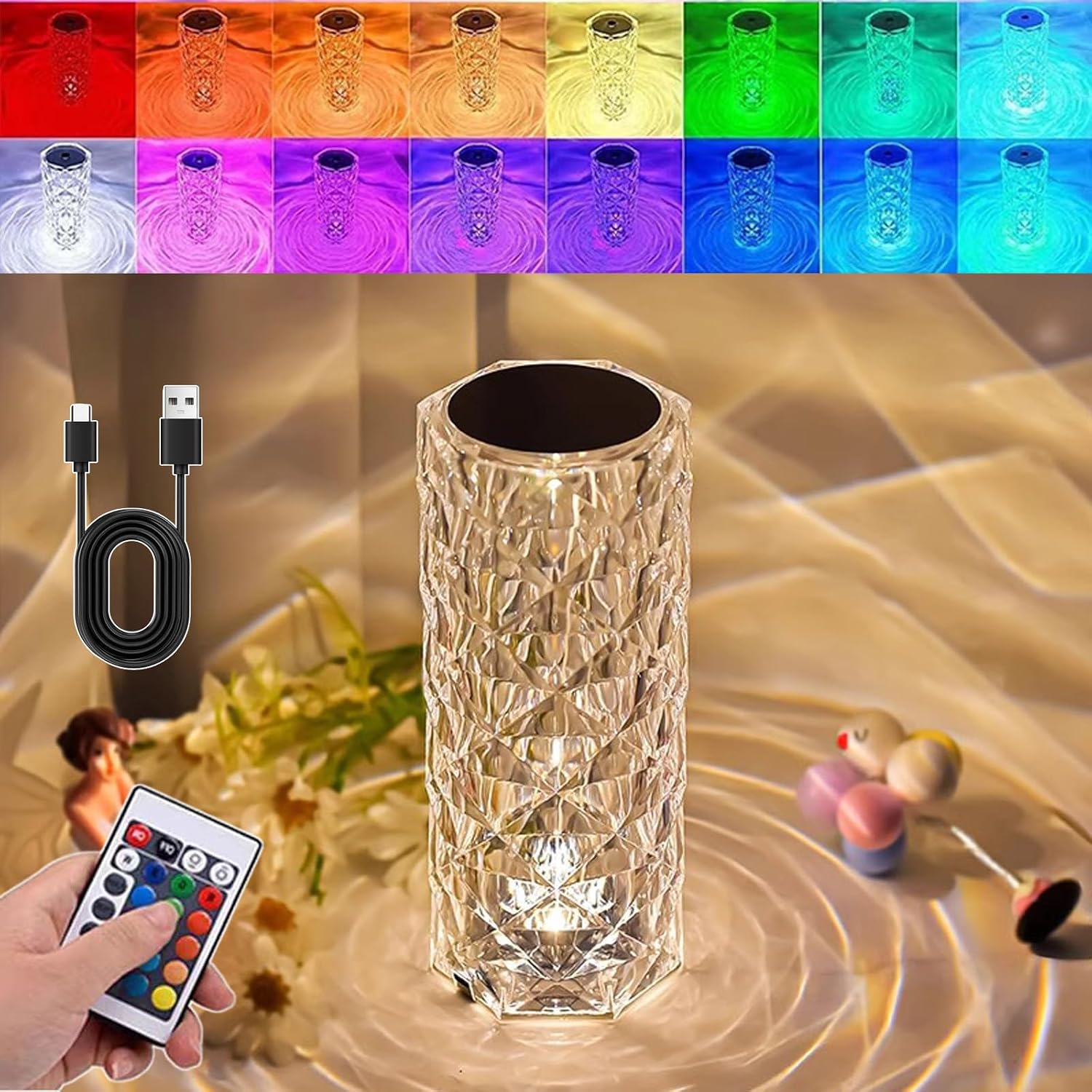 16 Colors Rose Rays Crystal Diamond Table Lamp, RGB Rose Rays Crystal Lamp, Crystal Diamond Rose Table Lamp for BedroomLiving RoomParty Dinner Decor Creative Lights Small-1Pc