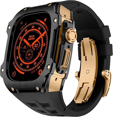 BIK Stainless Steel Bezel Watch Case Fluorine Rubber Band,For Apple Watch Series Ultra 2 49mm Replacement,Metal Watch Case Bezel Butterfly Clasp Strap Mod Kit