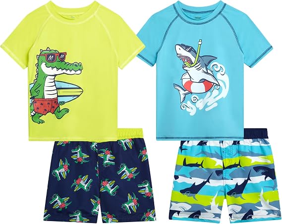 Quad Seven Toddler Boys 4 Piece Swim Trunks and Rash Guard Set (12M-7)