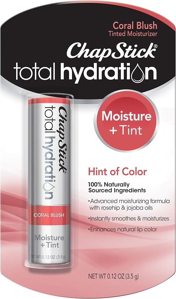 ChapStick Total Hydration Moisture + Tint Coral Blush Tinted Lip Balm Tube, Tinted Moisturizer - 0.12 Oz