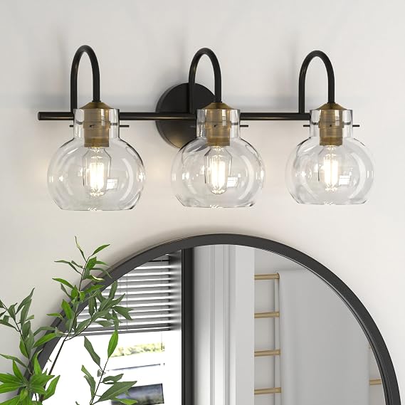 3 Light Bathroom Vanity Light, Brushed Gold and Black Vanity Lighting Fixtures, Bathroom Wall Mounted Sconces Vanity Lights Over Mirror with Globel Glass Shade, E26 Base