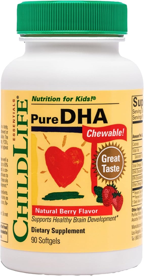 CHILDLIFE ESSENTIALS Pure DHA for Kids, Berry, 90 Softgels (Pack of 1) | Omega 3 Fish Oil Supplement, Children, Babies, Toddlers, Pure DHA Softgel Chewables, Gluten Free, Natural Berry Flavor