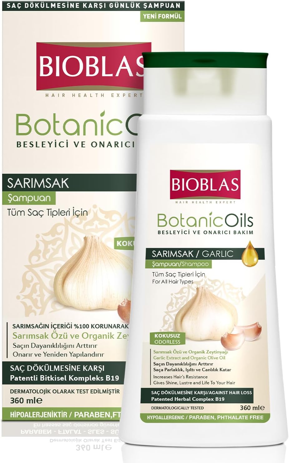 Bioblas Sarımsak Özlü Saç Dökülmesine Karşı Bitkisel Şampuan – Organik Zeytinyağlı, Kompleks B19, Güçlendirici & Onarıcı Etki, 360 ml
