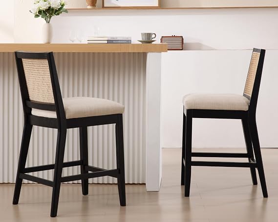 26 Inches Rattan Counter Stools Set of 2, Farmhouse Linen Fabric with Black Wood Legs Counter Height Stools, Upholstered Kitchen Island Chairs for Living Room Kitchen, Beige