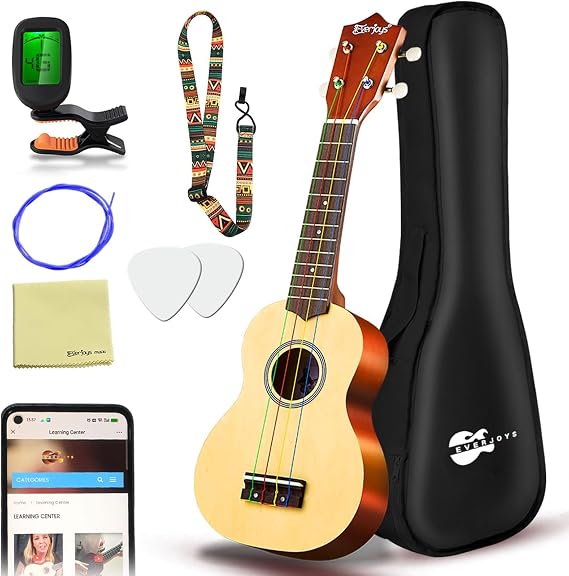 Everjoys Soprano Ukulele Beginner Kit 21 Inch Ukelele w/Free Online Lesson Carrying bag Digital Tuner Strings Picks, All in One Set