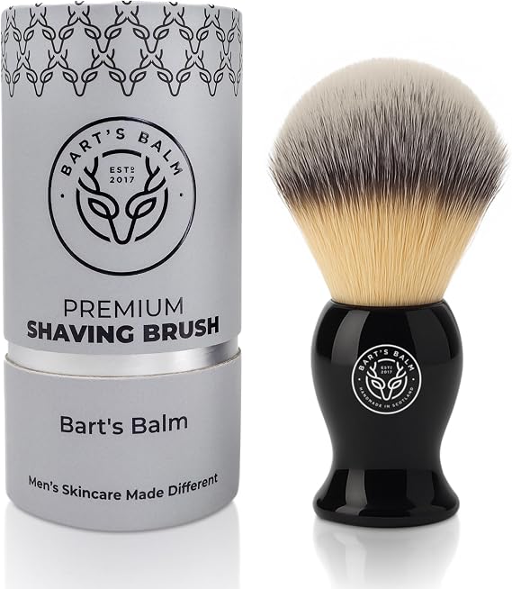 •Bart’s Balm Luxury Synthetic Shaving Brush for men – Soft Bristles, No Shedding, Black Handle – Combine with Shaving Soap or Cream For A Quick, Rich Lather– Vegan & Cruelty Free