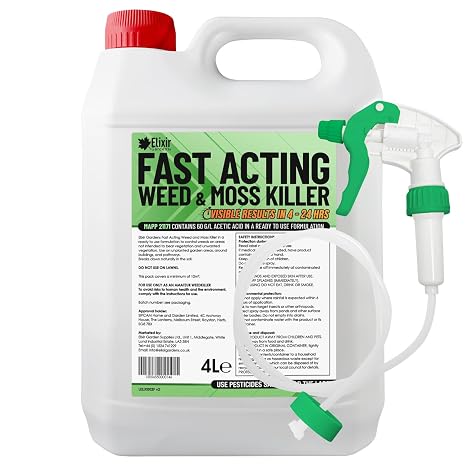 Elixir Gardens 4 Litre Fast Acting Glyphosate-Free Weed & Mosskiller | Child and Pet safe Organic & Natural Ready-to-Use Acetic Acid Formula 60g/l | Results in 24 Hrs | 4 L with Spray Head & Hose x 2