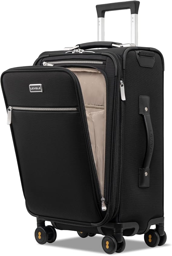 LEVEL8 Carry On Luggage with Compartment, 20 Inch Softside Expandable Travel Suitcase with Spinner Wheels, Top Opening Luggage, Men and Women, Black