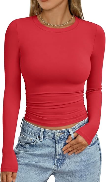 Trendy Queen Womens Fall Crew Neck Long Sleeve Ruched Slim Fit Tops