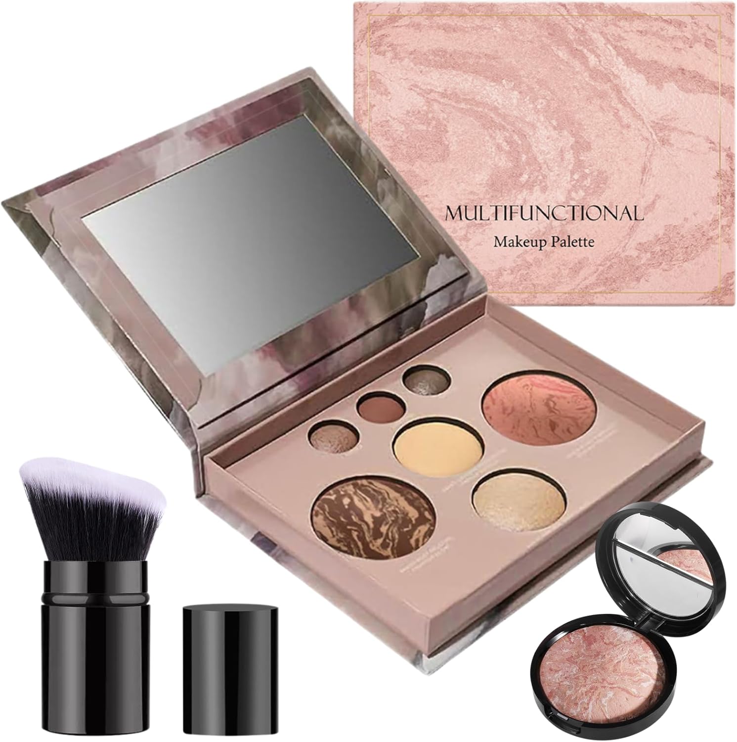 All-in-one Makeup Kit,Baked Starter Kit Full Size,Baked Balance &amp; Brighten Powder Foundation &amp; Retractable Angled Brush Multi-Functional Makeup Palette Gift Set (#02 SET A, One Size)
