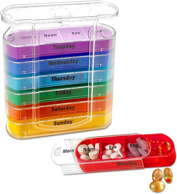 Weekly Stackable Pill Organizer, 4 Times A Day Pill Organizer Box Morning, Noon, Evening, and Bedtime,7 Stackable Compartments