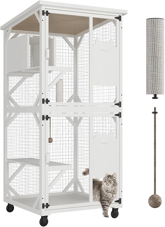 ROOMTEC Catio Outdoor Cat Enclosure - Large Wooden House with Roof, 71" H, 3 Jumping Platforms & 1 Napping House for Cats (White)
