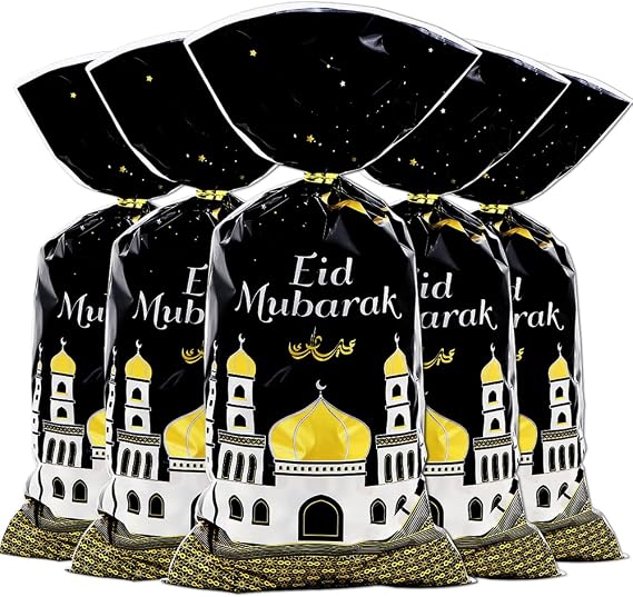Eid Mubarak Goodie Bags, 100 Pieces Muslim Castle Moon Star Pattern Ramadan Treat Bags Cellophane Bags Goody Favor Bags with Gold Twist Ties for Muslim Islamic Eid Iftar Diwali Party Kids Gifts -