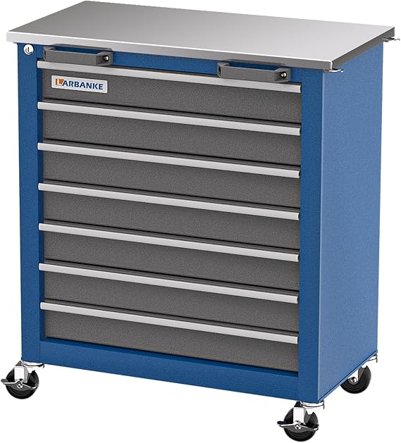 LARBANKE 7-Drawer Rolling Tool Chest with Key Locking System,Tool Chest with 360 Lockable Wheels and Four Padded Feet,can be Formed into a Large Workbench,Tool Storage Chest for Garage Workshops