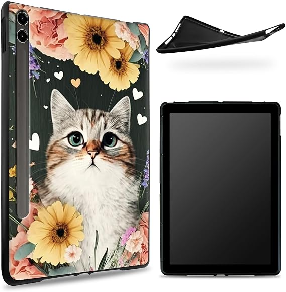 Designed for Samsung Galaxy Tab S8 Plus 2022 / S7 FE 2021 / S7 Plus 2020 12.4" Case, Matte TPU Rubber Back with Cat Flower Floral, Slim Rubber Soft Silicone Cover with S Pen Holder