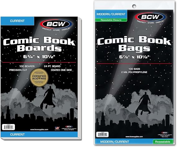 BCW Resealable Current Comic Bags and Boards Combo, 100 Count Each