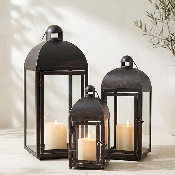 NEEDOMO Lanterns Decorative Outdoor & Indoor, Set of 3 Outdoor Lanterns for Porch, 23" Large Candle Lantern, Bronze Metal Frame with Glass, Vintage Farmhouse, Patio, Pathway, Garden, Fall, Christmas
