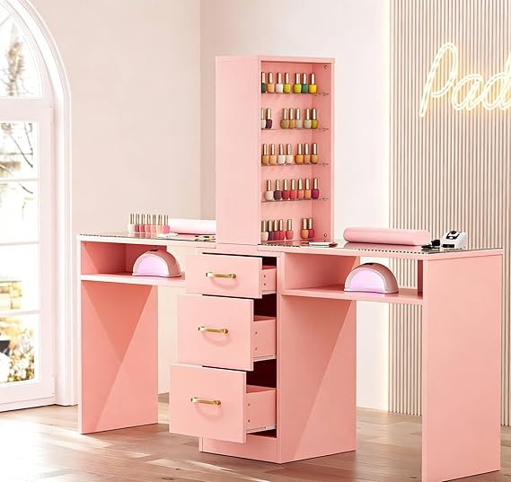 Double Manicure Table for Nail Tech with Drawers, Nail Desk Station w/3 Storage Drawers & 8-Tiers Open Shelves, Nail Spa Beauty Salon Workstation (White)