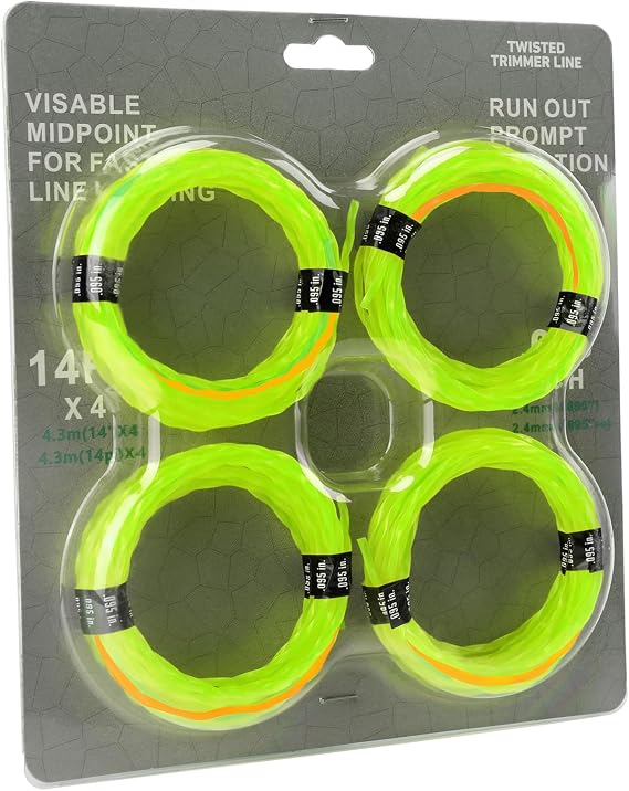 4 Pack String Trimmer Line .095 Compatible with Ego String Trimmer 095 Weed Eater String Pre-Cut Dual Color 3-section Fast-positioning Twisted Trimmer Line Universal Fit Weed Wacker String 14 ft