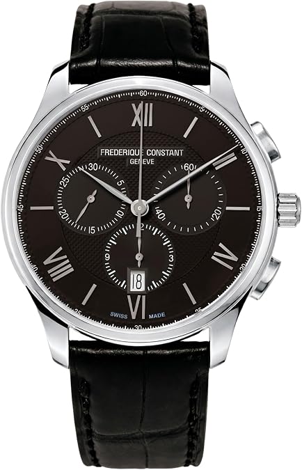 Frederique Constant Classic Chronograph Swiss Quartz Stainless Steel Case Watch and Black Leather Strap, Black Dial, Style:FC-292MB5B6