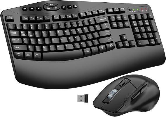 Ergonomic Wireless Keyboard and Mouse Combo, 2.4GHz Full Size Wave Keys Computer Keyboard with Wrist Rest for Natural Typing, Silent 6 Button USB Mouse for Laptop PC Windows Mac (Black)