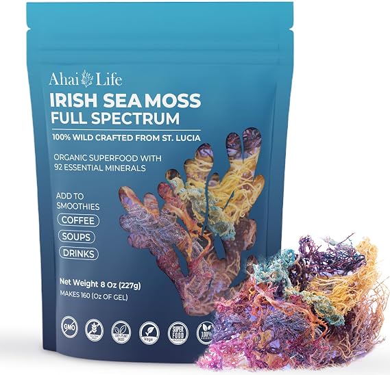 Full Spectrum Seamoss Raw Organic Makes 160oz of Gel - 100% Wild Crafted from St. Lucia |Non-GMO Sun-Dried Mineral Rich Super Food for Energy| Booster Healthy, Immunity Digestion (8oz)