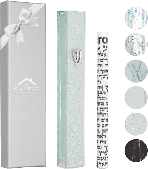 Modern Glass Mezuzah Case for Door with Non-Kosher Scroll Shatterd Glass Design Waterproof Mezuza Cover Home Blessing and Protection