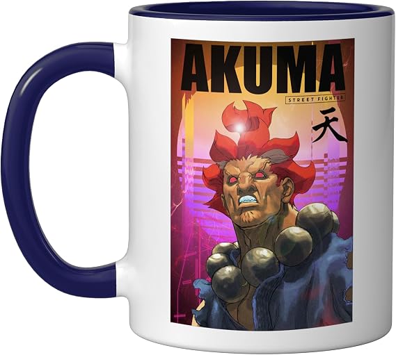 Street Fighter Akuma Retro Poster Graphic Gaming Merch Ceramic Mug, Dark Blue/White, 11oz