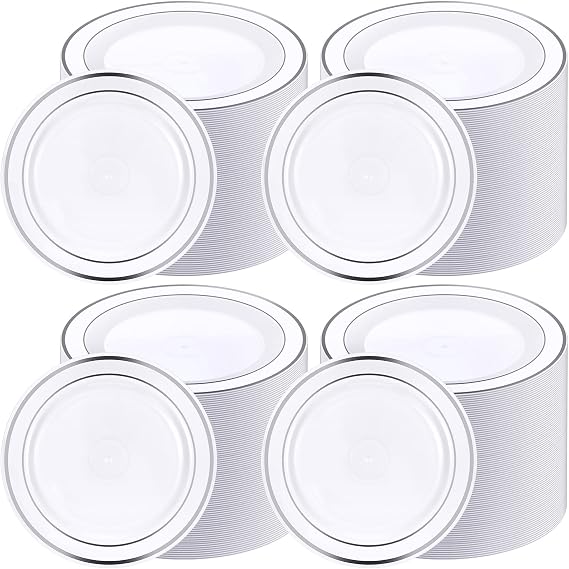 Sieral 200 Pieces Disposable Plates Plastic Party Plates with Rim Hard Plastic Appetizer Salad Dessert 7.5 Inch Elegant Heavy Duty Tableware for Dinner Wedding Party Supplies(Silver Rim)