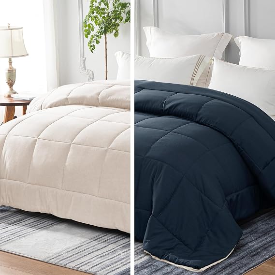 Whale Flotilla Reversible Coverless Duvet King Size 7.5 Tog Soft Quilt | 220 x 240 cm, Breathable Box-Stitch Microfibre Comforter, Machine Washable, All Seasons, Bed Bedroom Hotel, Navy, Beige