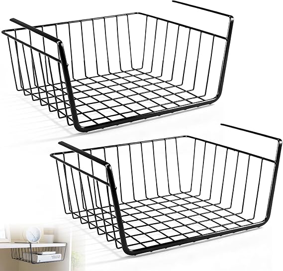 2Pcs Under Shelf Storage Basket, Stackable Design Metal Wire Pantry Storage Baskets, Under Desk Closet Shelves Hanging Removable Organizers Basket for Kitchen Organiser, Cupboards, Cabinet, Bathroom