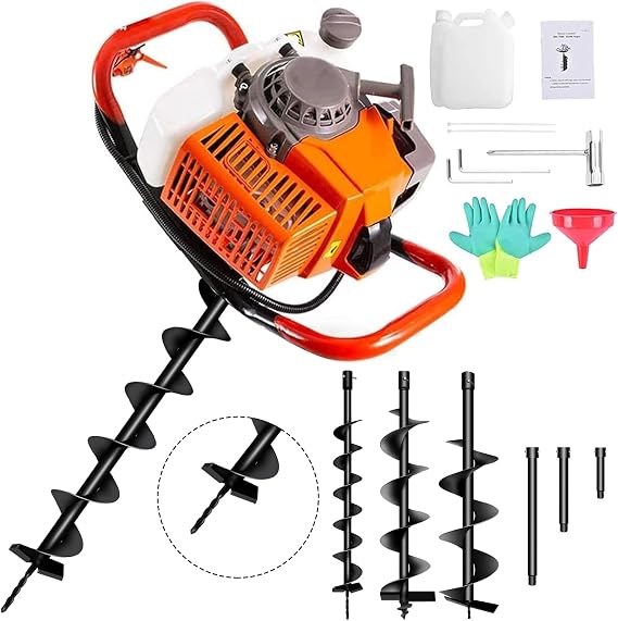 72cc Post Hole Digger 2-Stroke Petrol Gas Powered Earth Digger with 3 Extension Rods(8" 12" & 20") + 3 Auger Drill Bits (4" 6" & 8") for Farm Garden Plant | 3 Auger Drill Bits (4" 6" & 8") + 3 Extension Rods(8" 12" & 20") for Farm Garden Plant