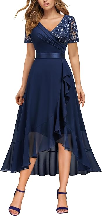 Miusol Women's V-Neck Sequin Lace Chiffon Ruffle Slit Evening Party Dress