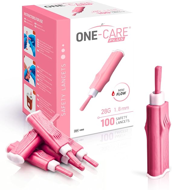 ONE-CARE Plus Safety Lancets, 28G x 1.8mm, 100/bx, Contact-Activated | Single Use Fingerstick Lancets, Glucose Testing at Home, Easy & Gentle Use, Contact Activation, Twist-Off Cap