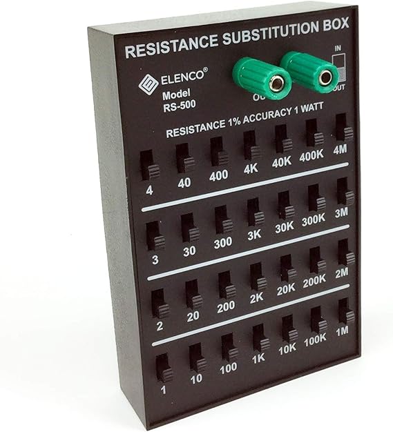 Elenco Resistance Substitution Box | Resistance Range From 1 To 11, 111 , 110M | 1% Precision: 1-40k- 1 Watt/ 100k- 4M- 1/2 Watt