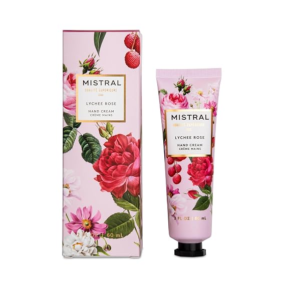 Mistral Luxe Hand Cream Lychee Rose, 2 fl oz | Moisturizing Hand Lotion for Women with Shea Butter & Almond Oil | Fast-Absorbing, Non-Greasy Formula Floral Scent | Travel Size Hydrating Handcream