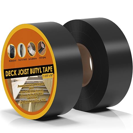 Deck Joist Tape for Decking 1-5/8" x 50' 2 Rolls | Waterproof, Anti-Corrosion Butyl Flashing Tape, Self-Adhesive, For Top Of Joists, Rim Joists, Under Joists And Beams