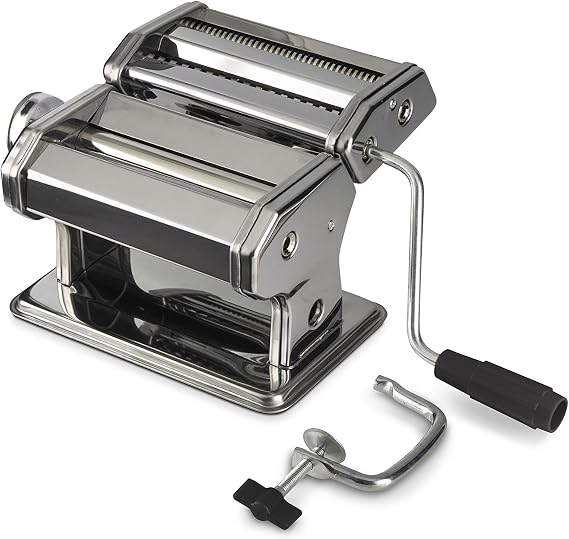 Manual Pasta Maker Machine with Clamp Removable Handle and Adjustable Thickness Settings, Stainless Steel