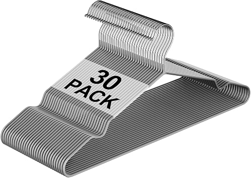 30 Pack 16" Non-Slip Rubber Coated Metal Suit Hangers with Round Notches for Strap Dress, Camisole, Pants, Coats, Shirt, Heavy Duty, Space-Saving, Gray