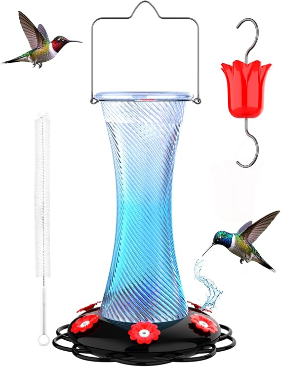 Hanging 20oz Glass Hummingbird Feeder with Moat, Small Outdoor Plastic Bird Feeder, Squirrel Proof, Ants, Outside Water Dispenser for Garden (Blue Glass Bird Feeder-2)