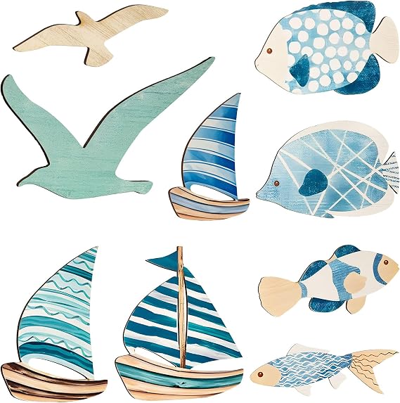 Xisakaca 9pcs Wood Sailboat Wall Decor, Wooden Seagull Beach Coastal Theme Ocean Art Wall Sculpture, Vintage Fish Ornaments for Home Lake House Bathroom Kid's Room Blue