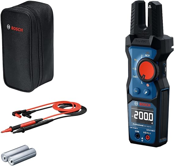 Bosch Professional GFM 1000-15 Fork Current Clamp (True RMS Inverted LCD Measures up to 200A AC Non-Contact Voltage Tester Compatible with Magnetic Hanger MH 1 2 x 1.5V LR06 (AA))