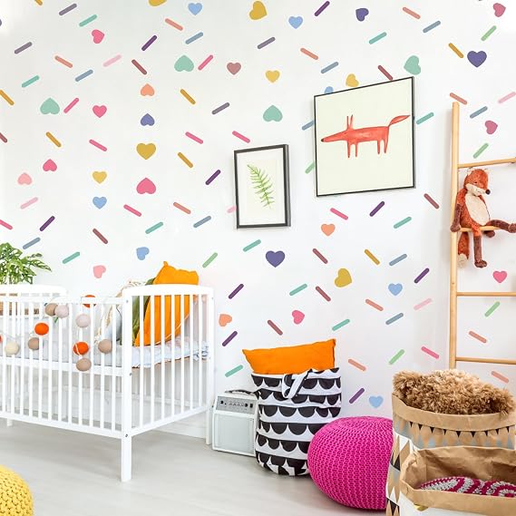 Colorful Heart Wall Sticker, Sprinkle Confetti Wall Decals, Removable Wall Decals for Bedroom, Classroom, Playroom, Nursery (110 pcs Hearts and 300 pcs Confetti Strip)