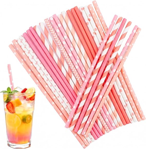 100 Pcs Pink Paper Straws, Disposable Paper Straws Drinking, 10 Pattern Cocktail Drinking Straw for Birthday, Coffee, Juice, Wedding, Holiday Gathering, Hen Do Party