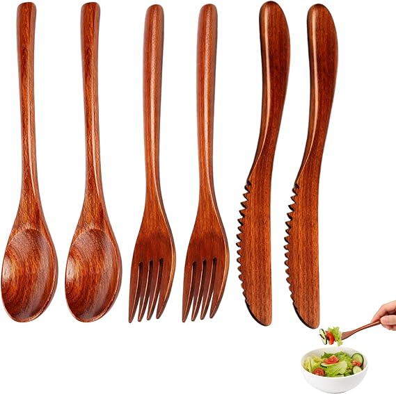 6-piece Bamboo Cutlery Set with Forks Spoons Knives, Cutlery, Wooden Utensil for Dining, Portable Travel and