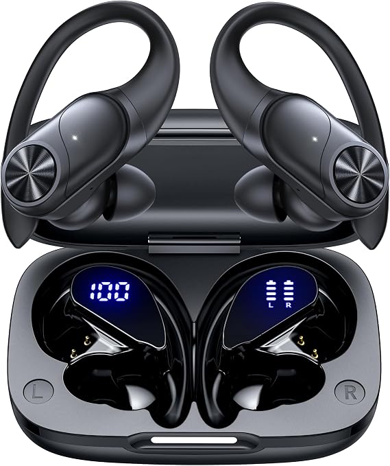 PocBuds Bluetooth Headphones Wireless Earbuds 80hrs Playtime Wireless Charging Case Digital Display Sports Ear Buds with Earhook Deep Bass IPX7 Waterproof Over-Ear Earphones for TV Phone Laptop Black